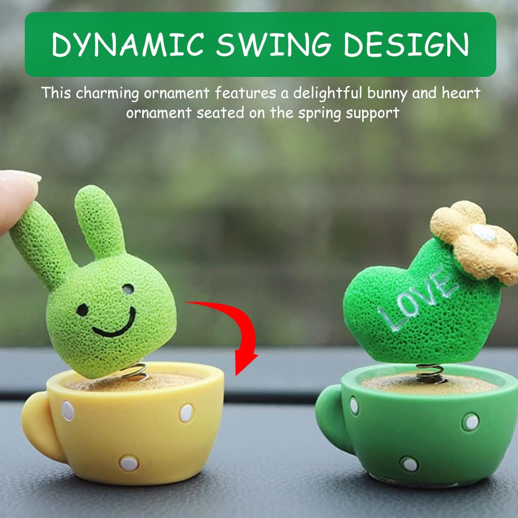 HASTHIP® 4Pcs Car Dashboard Toys Cute Cartoon Resin Car Dashboard Decoration Items Spring Swing Bunny, Heart, Cactus Plants Vibrant Car Accessories Interior Gadgets, Desk Decor, Ideal Gift