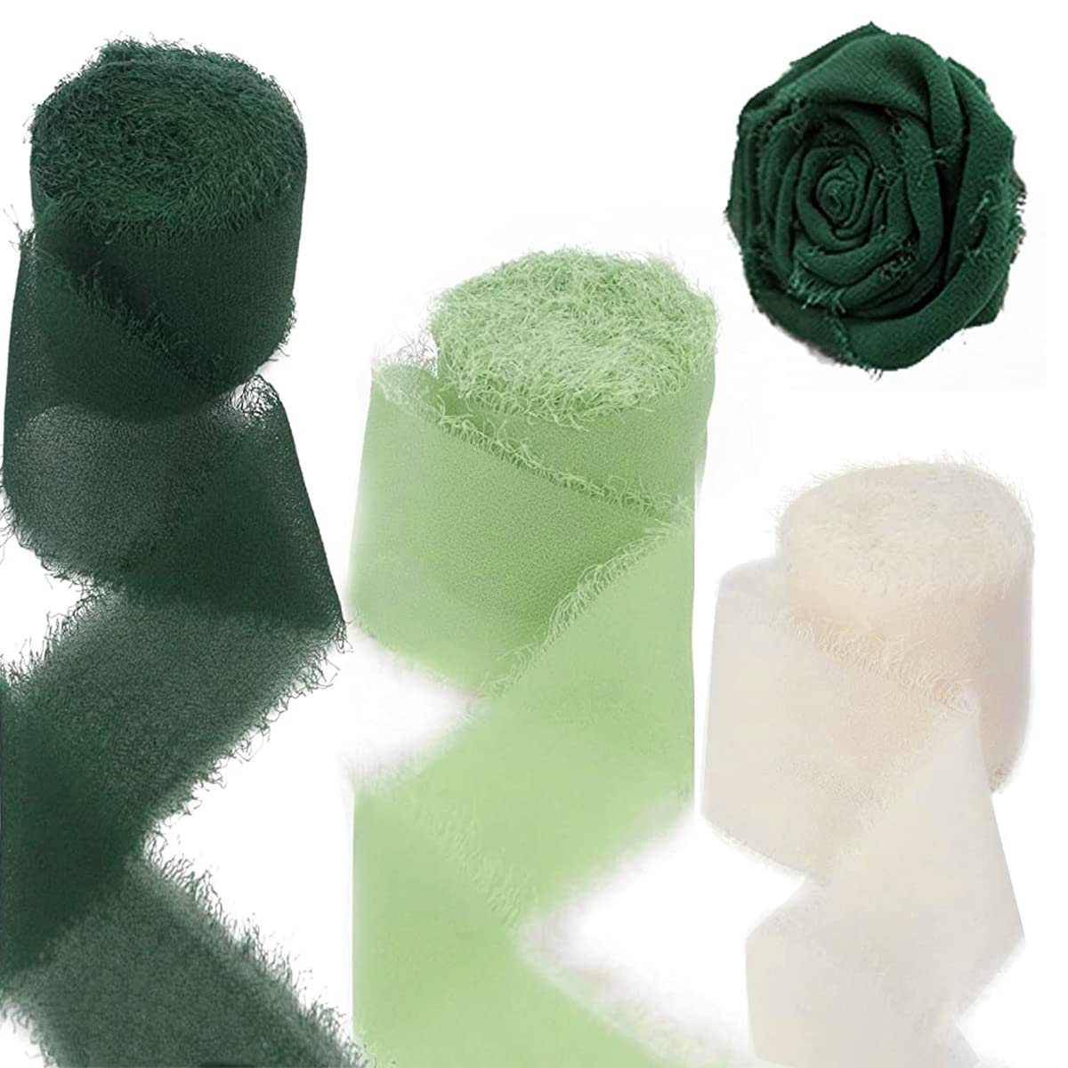 Zibuyu Chiffon Ribbon for DIY Crafts and Gift Wrapping with Ragged Edge Texture | 3 Rolls 1.5 x 7 yd in White Cream & Green