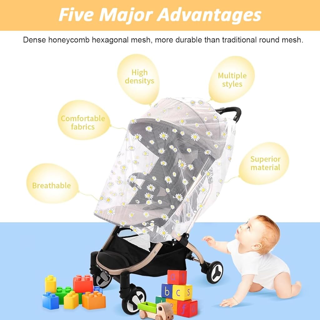 SNOWIE SOFT Mosquito Net for Stroller, Stretchy Breathable Bassinets Stroller Mosquito Net, 1.5m Elastic Diameter Protective Mosquito Net Outdoor Fine Mesh Embroidery Daisy Flower Mosquito Net
