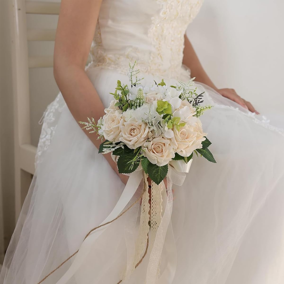 Supvox Artificial Flowers Wedding Bouquet for Bride with Lace Bowknot and White Roses 8.26x10.2 in