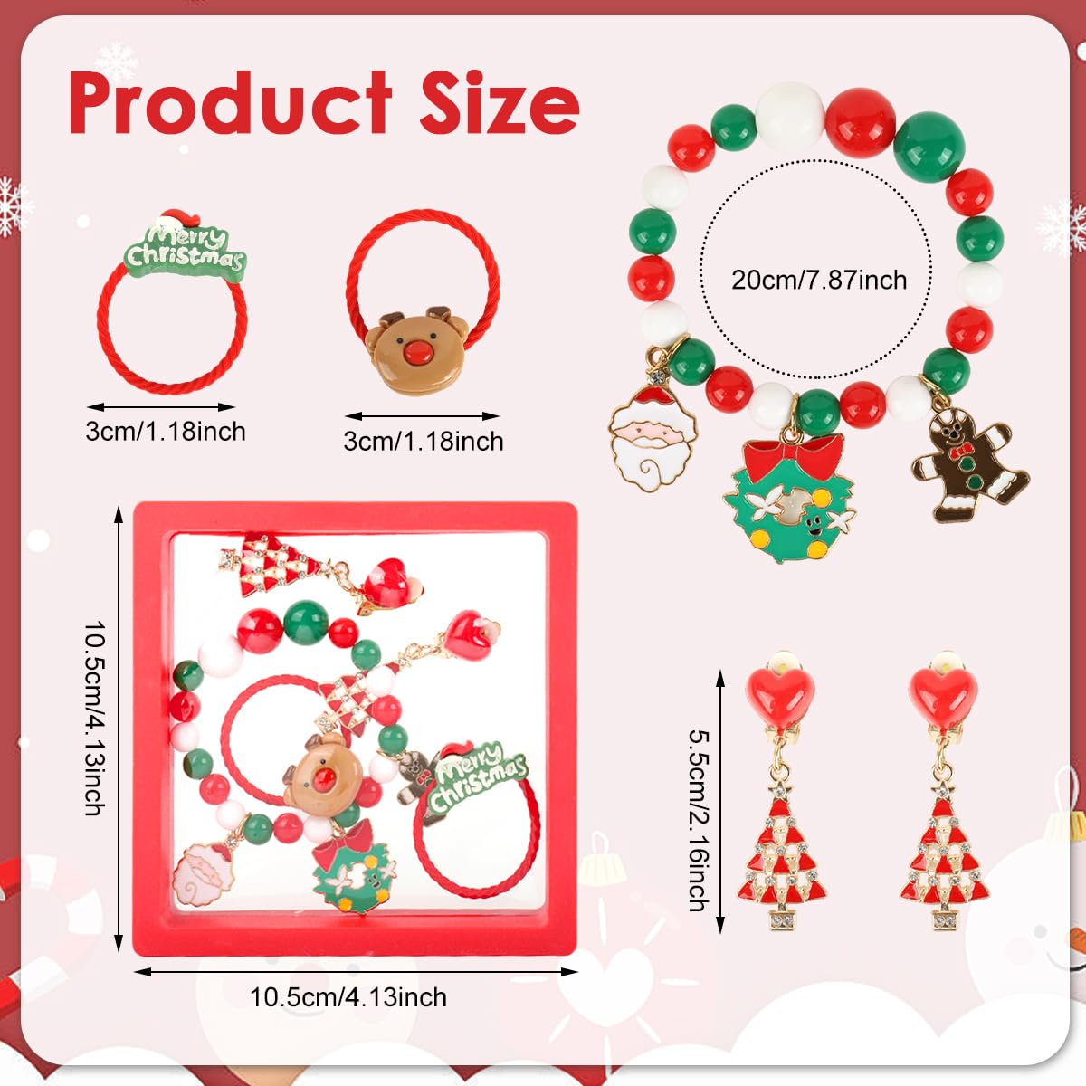SANNIDHI Kids Christmas Jewelry Gift Set of 5Pcs for Girls with Beaded Bracelet and Hair Ties