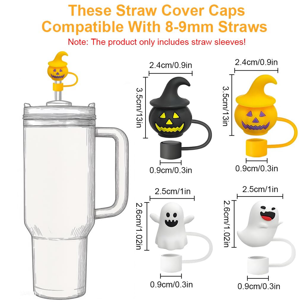 HASTHIP Halloween Silicone Straw Caps for 10mm Reusable Straws featuring Pumpkin and Ghost Designs