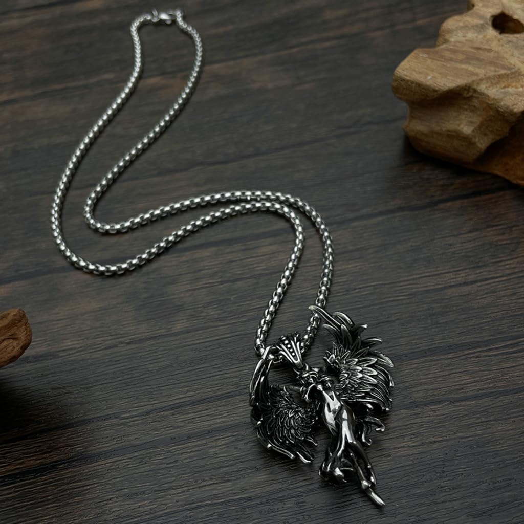 Proberos Guardian Angel Pendant Necklace featuring Winged Dark Angel Design for Men | Titanium Steel Unisex Jewelry