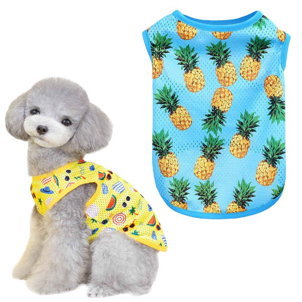 Qpets® 2 Pack Dog Clothes Lovely Print Shirt for Small Dogs Yellow & Blue Summer Breathable Dog Vest Stretchy Dog Clothes Sleeveless Dog Clothes for Small Dogs, Cat (Size: L, Yellow+Blue)