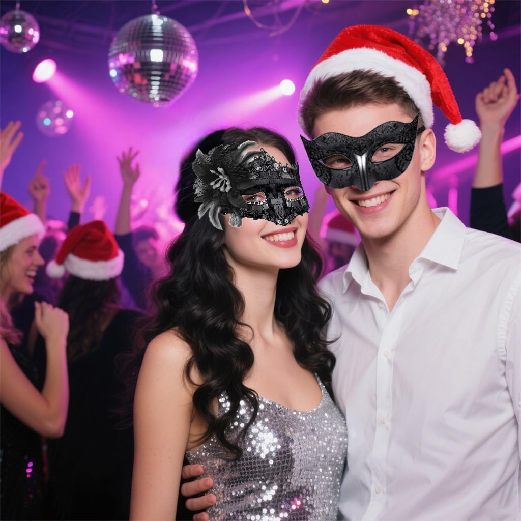 PATPAT Masquerade Mask for Halloween and Carnival Parties featuring Feathers Lace & Sequins | 2 Pack Black Venetian Masks for Couples