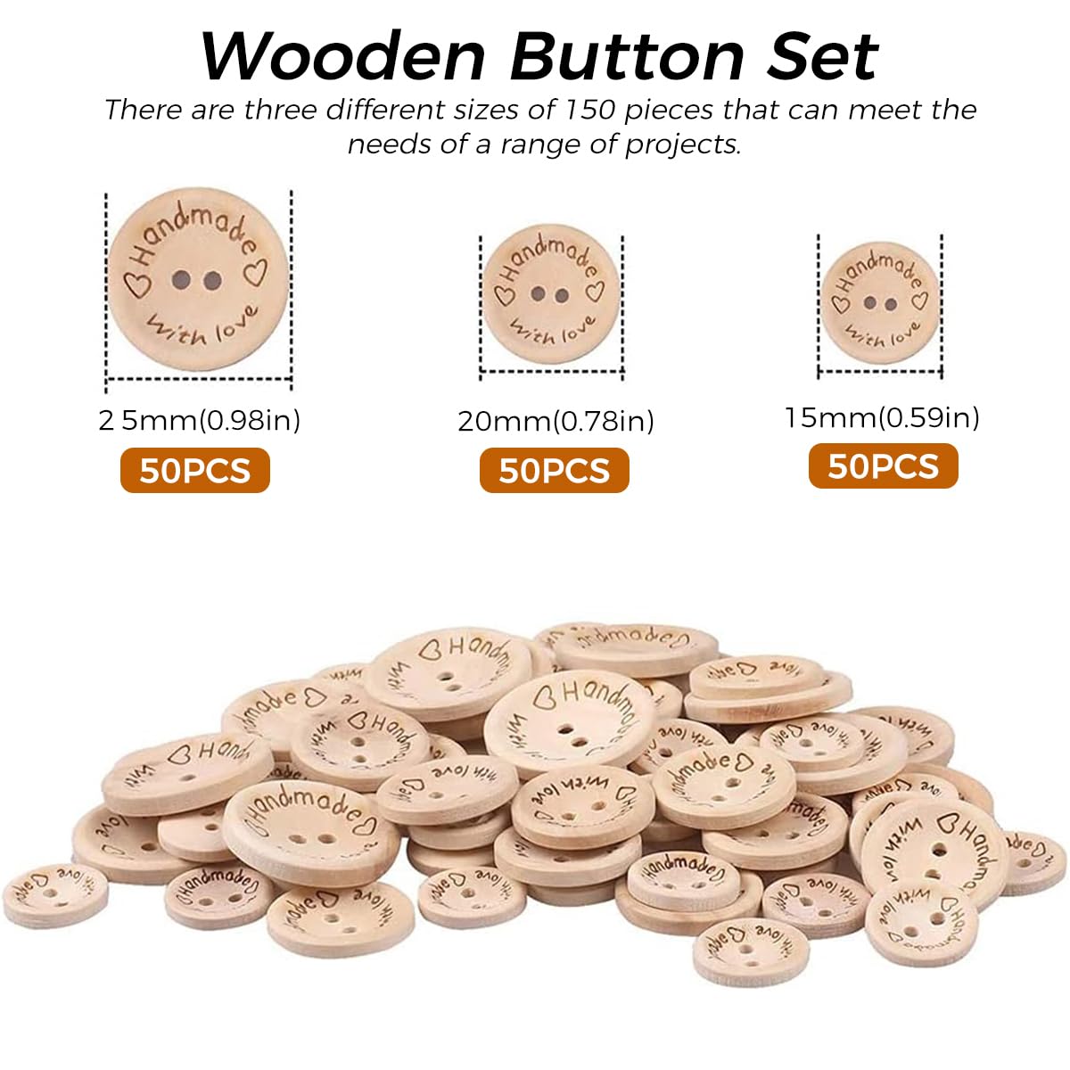 HASTHIP® Wooden Button Set Handmade DIY Button for Knitting Sweather Button Set of 150Pcs Clothing Bottons with 3 Sizes Dual Hole Wooden Engraved Button for Crafting, DIY Crocheting Craft Decoration