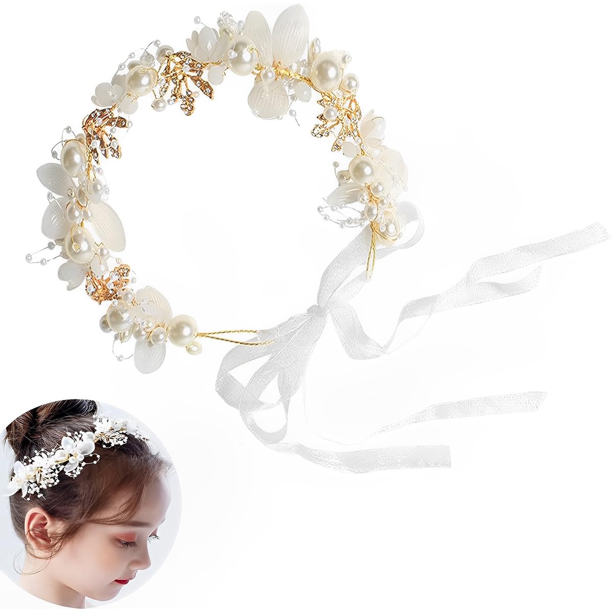 Venzina® Flower Crown for Girls Pearl Crystal Tiara Crown Hairband for Girls Women Stylish Floral Princess Hair Band for Girls Kids, Gold Party Dress Up Wedding Bridal Headband