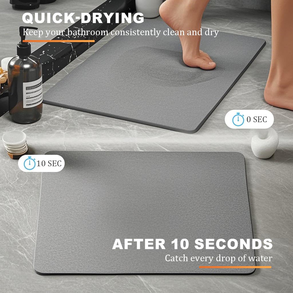 HASTHIP Bath Mat for Bathroom Safety with Clear Double Sided Anti Skid 15.75x11.8 in Grey | Quick Dry Diatomaceous Earth Surface