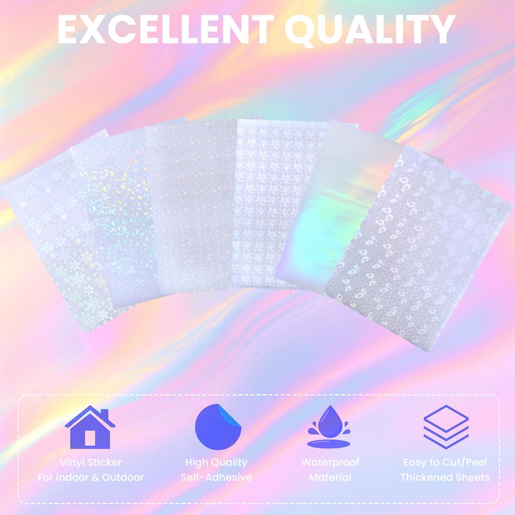 OFIFO Holographic Vinyl Sticker Paper for DIY Crafts with 36 A4 Sheets | Waterproof and Self Adhesive