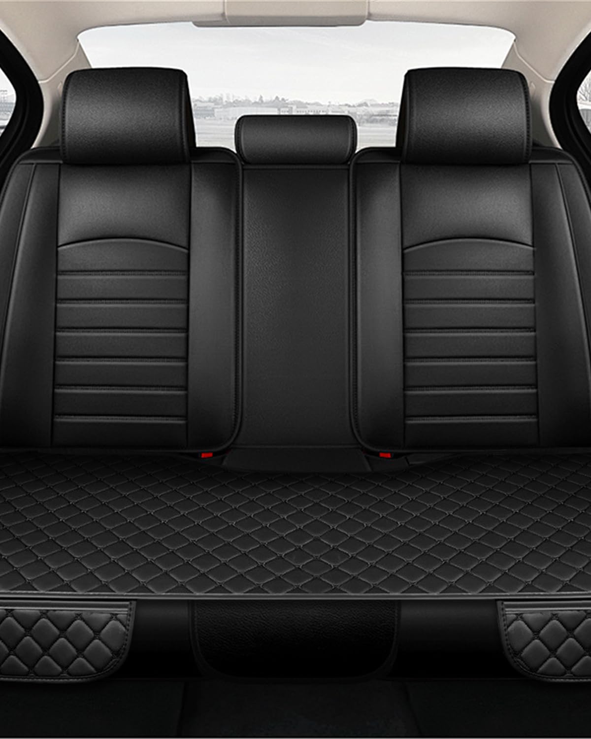 STHIRA Car Seat Covers 3Pcs Set with Anti Slip Silicone Dot & Storage Pouch | Black PU Leather for Front and Rear Seats Protection