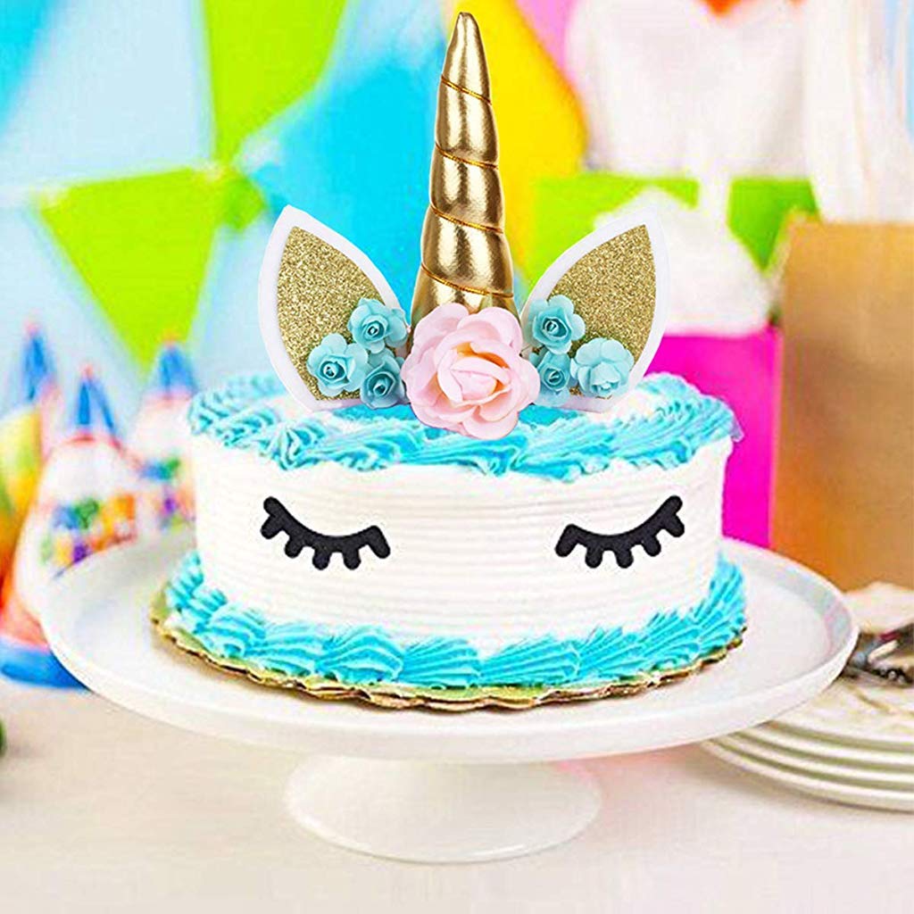 HASTHIP Unicorn Cake Topper for Birthday Decoration with 5.8 in Gold Horn and Felt Ears | Reusable Non Toxic Set