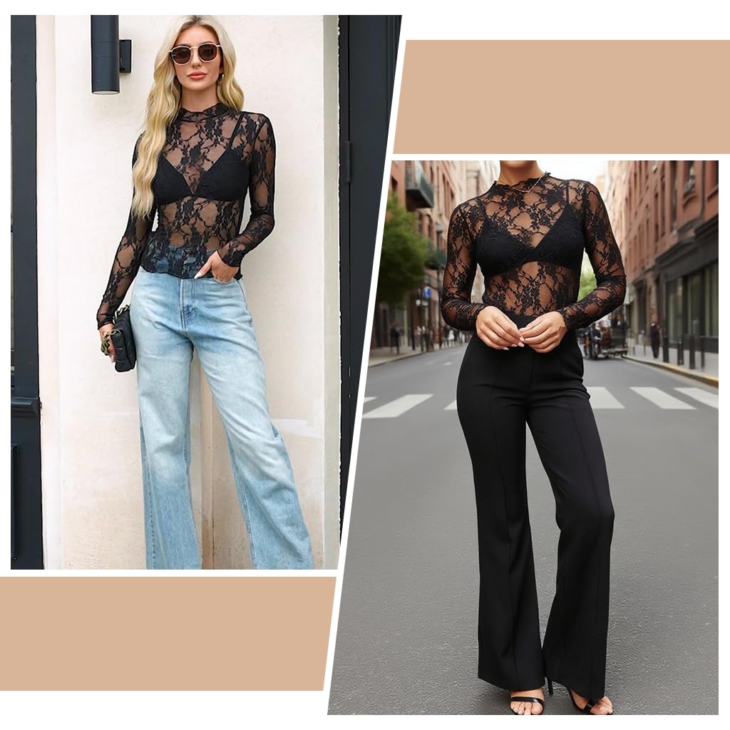 SANNIDHI Mesh Long Sleeve Top for Women featuring Floral Lace Embroidery | Sheer Mock Neck Blouse