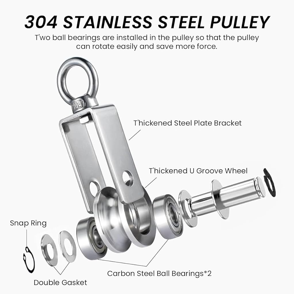 Serplex® Cable Pulley Wheel 304 Stainless Steel Hoisting Smooth Bearing with Loop 551lbs High Loading Capacity for Lifting Mechanism DIY Crafts 3PCS