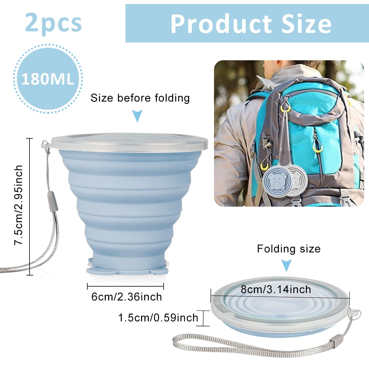HASTHIP Collapsible Cup for Travel and Camping with 180ml Capacity and Cartoon Lid | Food Grade Silicone Reusable Drinking Glass 2 Pack