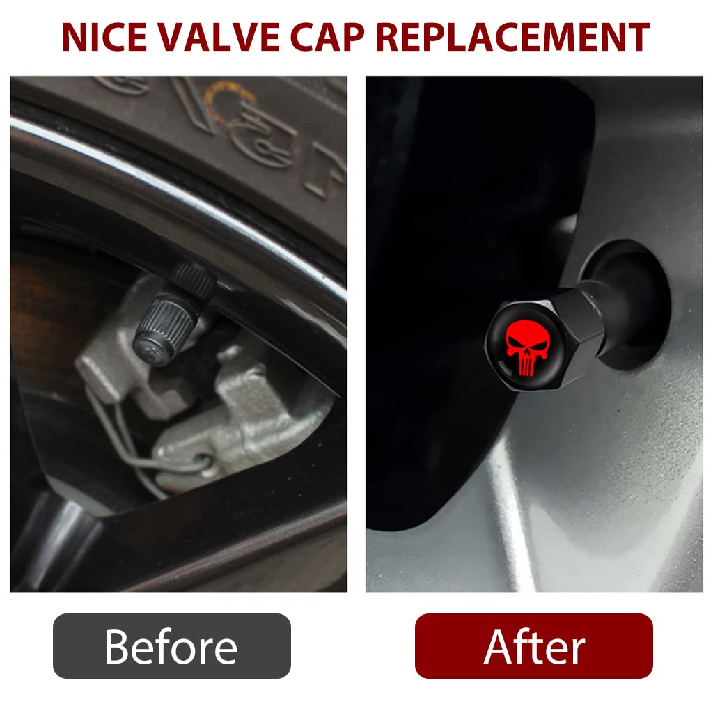 ZIBUYU Car Tyre Valve Caps 4pcs with 8mm Inner Dia featuring Red Skull Design | Carbon Alloy