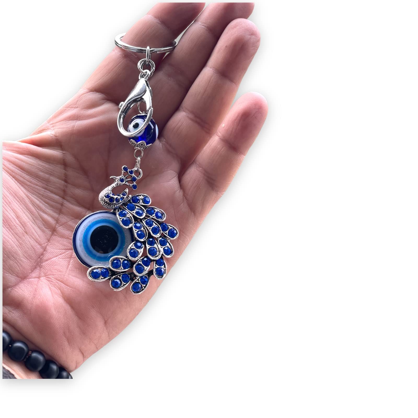 Zibuyu Evil Eye Blue Peacock Keyring with Lobster Clasp for Bags & Keys | Metal Charm Gift
