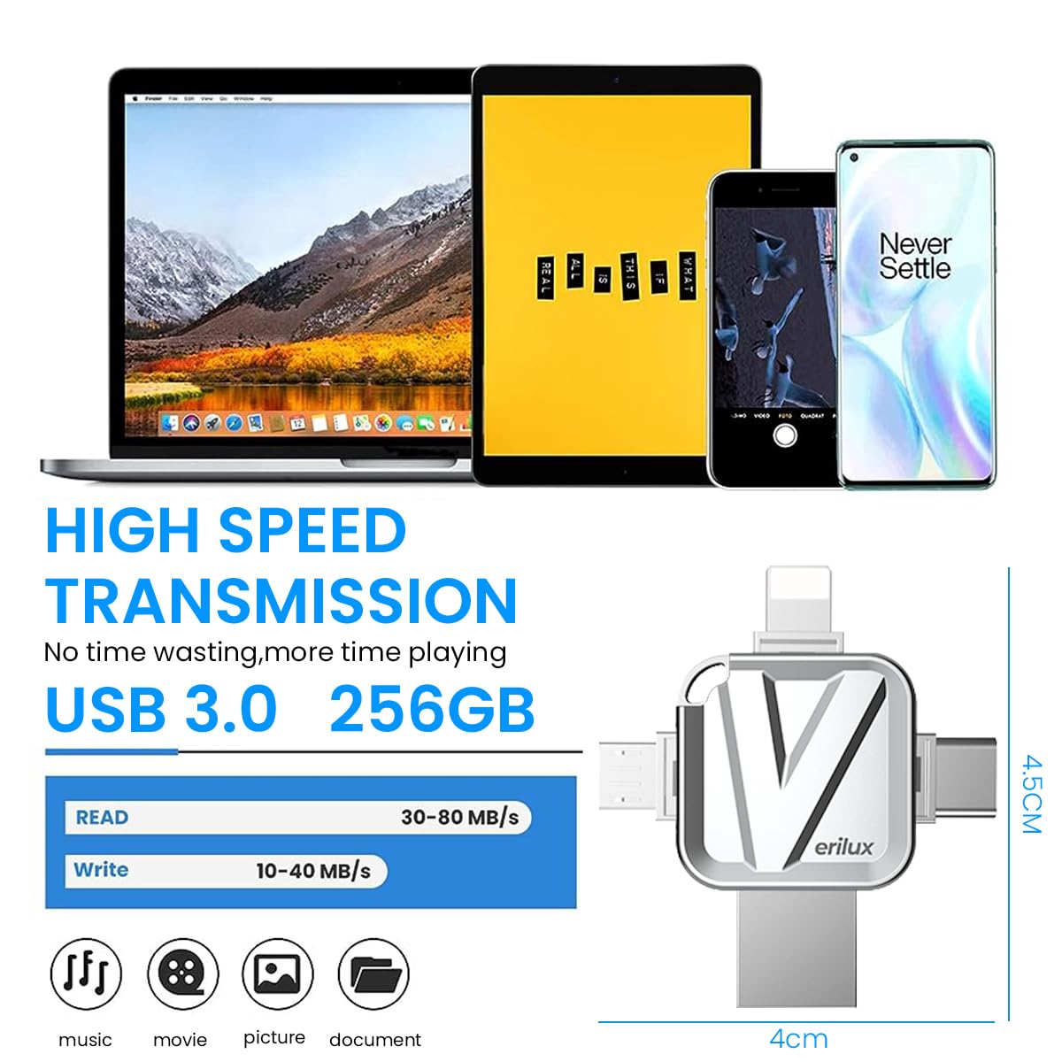 Verilux Pendrive 256GB for iPhone & Android with 4 in 1 USB3.0 Type C Design | Metal Body
