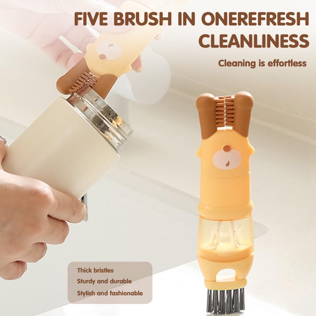 5 in 1 Baby Bottle Cleaning Brushes for Travel with Silicone Rim Tools & Stain Cleaner | Cartoon Design