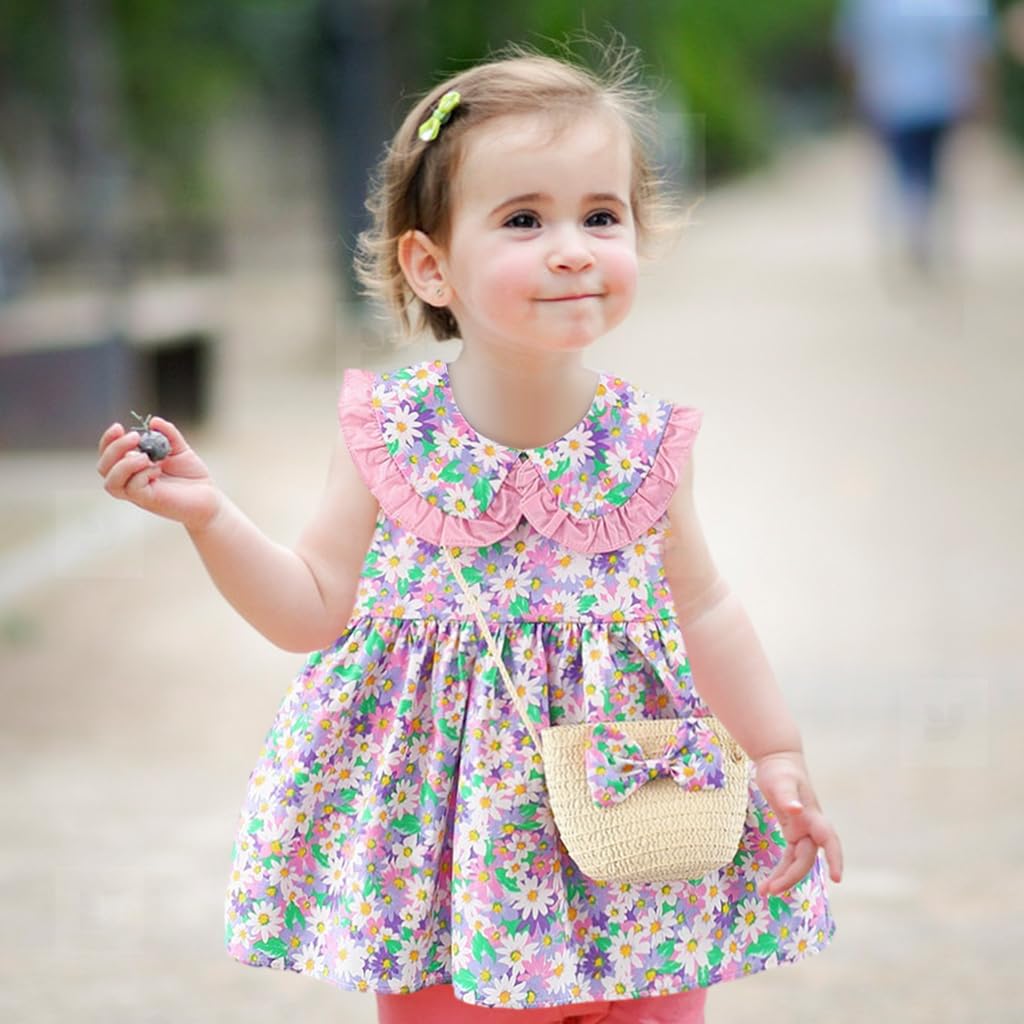 Zibuyu Floral Baby Girl Dress for Summer with Straw Sling Bag and Soft Cotton Fabric | Pink Daisy Print Birthday Outfit 90–100 cm