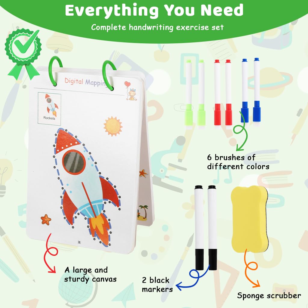 SNOWIE SOFT Kids Dot to Dot Training Book with 136 Flash Cards and Dry Erase Surface | Reusable Drawing Practice Set with Markers for Early Learning