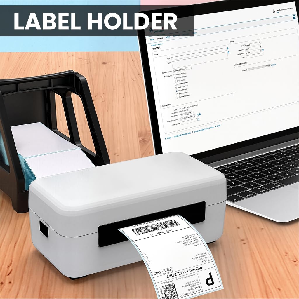 OFIFO Thermal Label Holder for Roll and Fan Fold Labels with Smooth Roller Design | ABS Desktop Organizer for Shipping and Barcode Printing