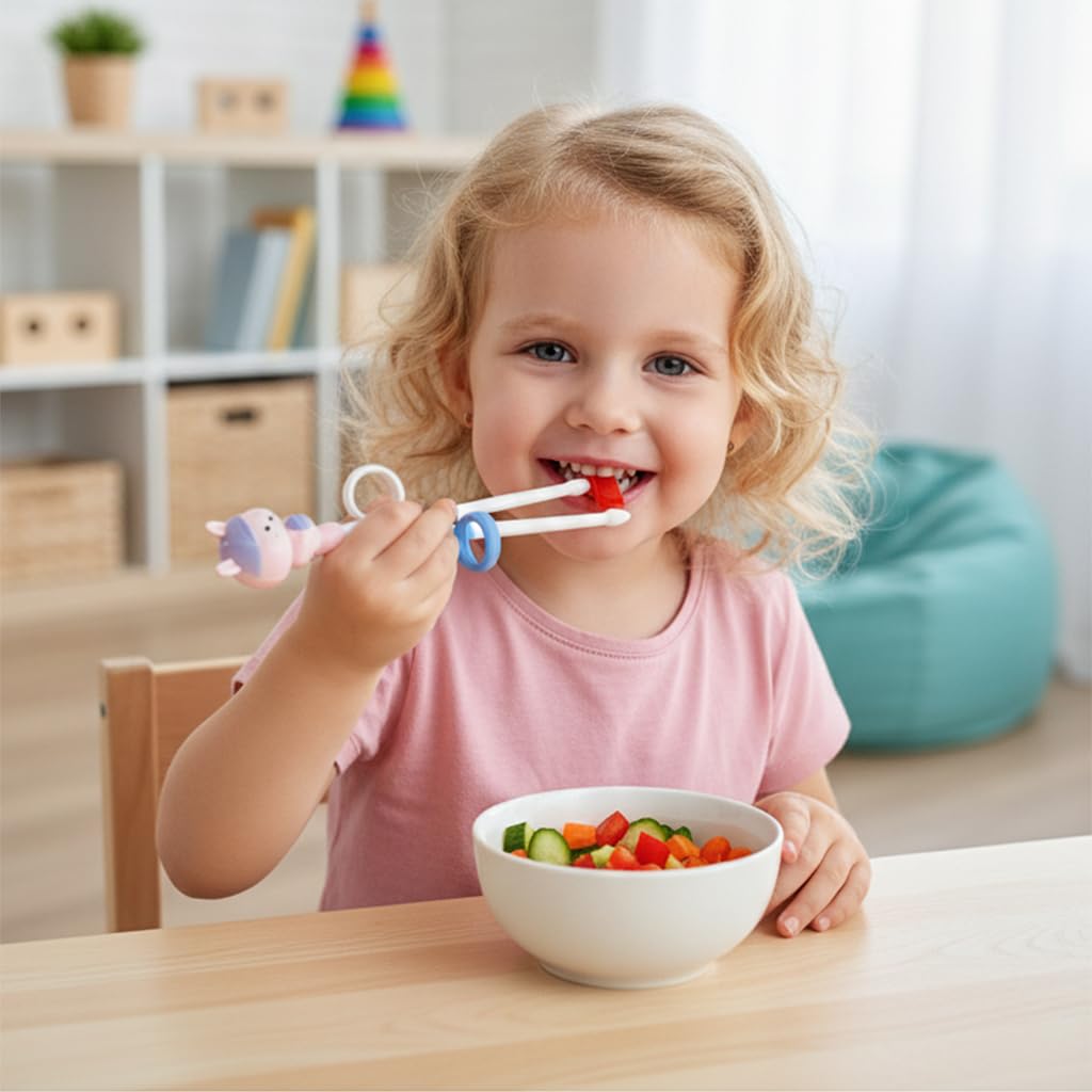 SNOWIE SOFT Kids Spoons and Forks Set for Self Feeding with Hinged Ring Chopsticks | Stainless Steel 3Pcs Pink Utensils for Ages 3–7