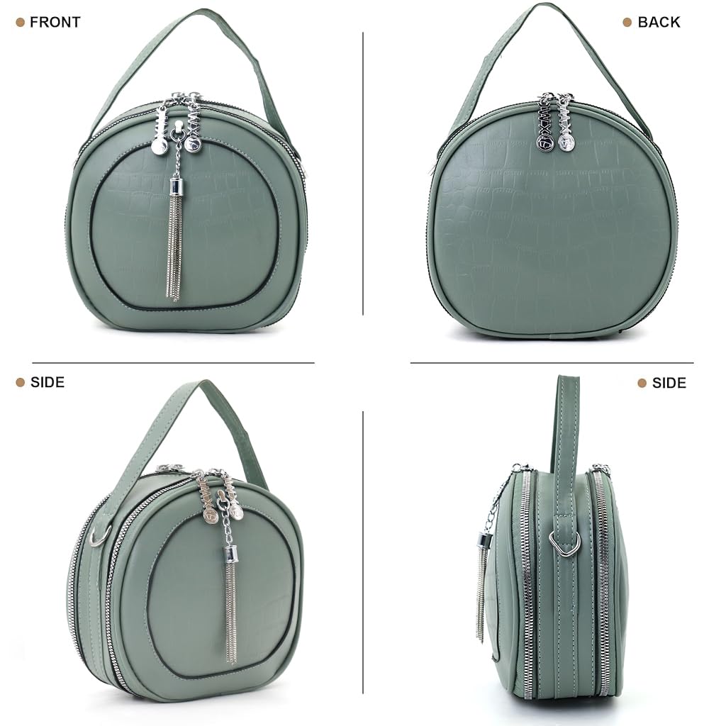 Zibuyu Hand Bag for Women featuring Double Layer Round Design 19x8x17 cm in Mint Green | Detachable Crossbody Strap