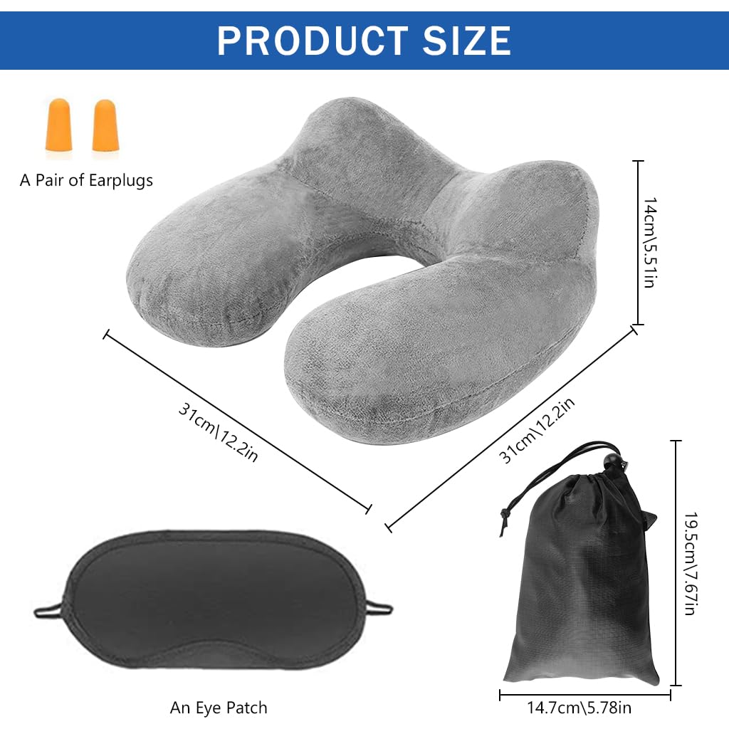 HANNEA Inflatable Travel Neck Pillow for Airplane Sleeping with 360° Ergonomic Support | Soft Velvet Washable Set with Eye Mask and Earplugs