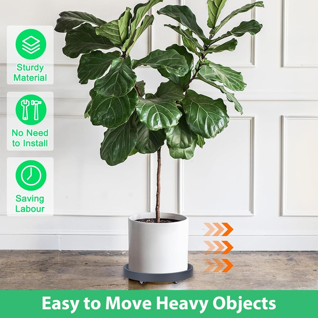 HASTHIP Round Plant Caddy with Wheels for Indoor and Outdoor Pots featuring 4 Hidden Locking Wheels and 28 cm Grooved Plastic Surface