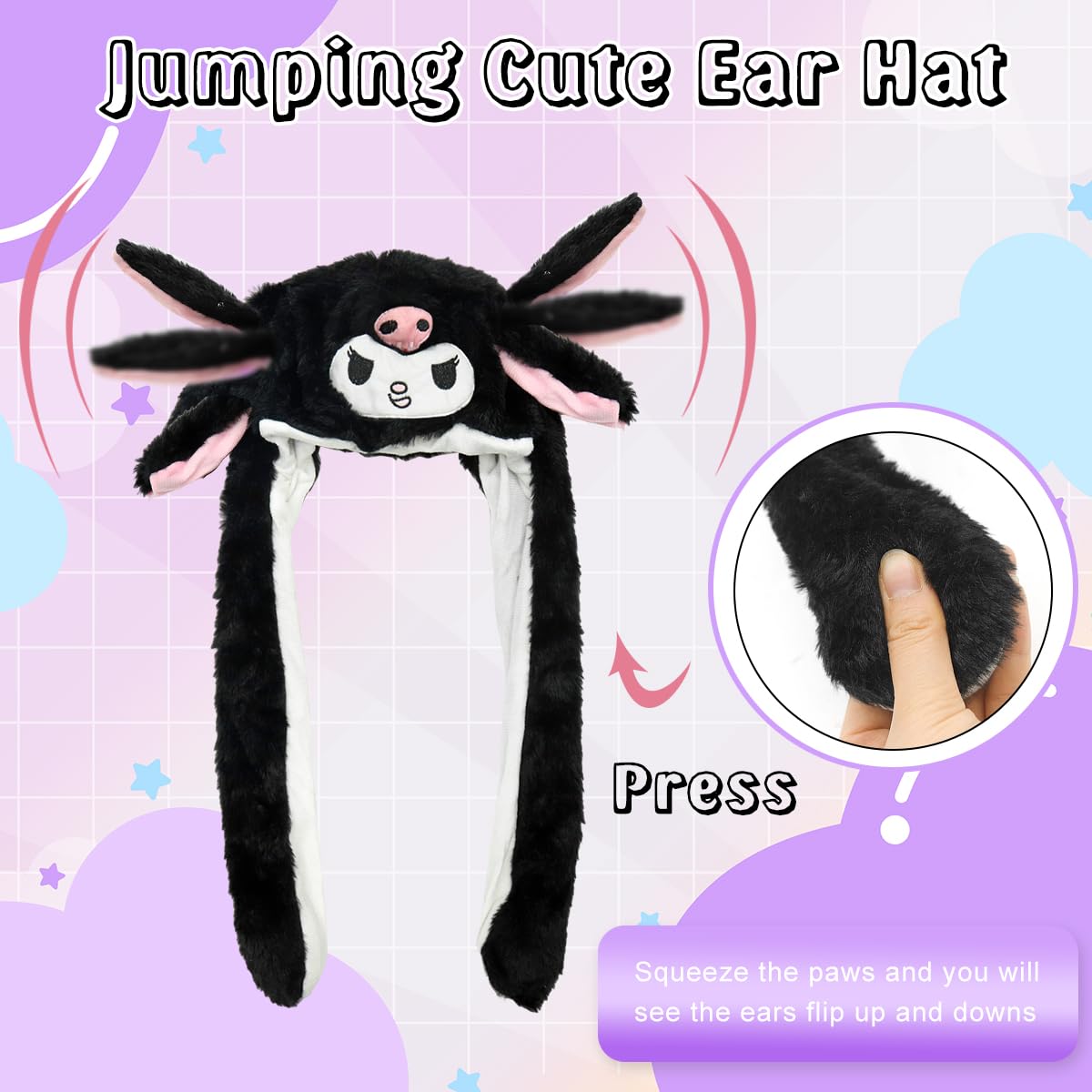 PATPAT® Kawaii Winter Hat for Girls Sanrio Cartoon Kuromi Plush Winter Hat Plush Fun Moving Ear Kuromi Hat Christmas Gift for Girls