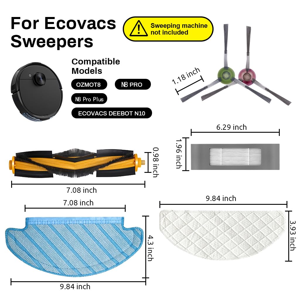 Verilux Replacement Accessories for Ecovacs Deebot N10 OZMO T8 T9 PRO AIVI | 3 pcs set with main brush side brushes filters and mop pads
