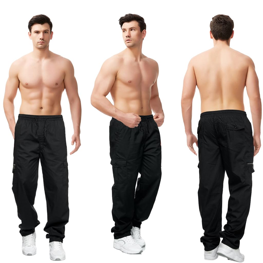 GUSTAVE Cargo Pants for Men with 80cm Elastic Waist and Multi Pockets | Polyester Loose Fit Black Trousers