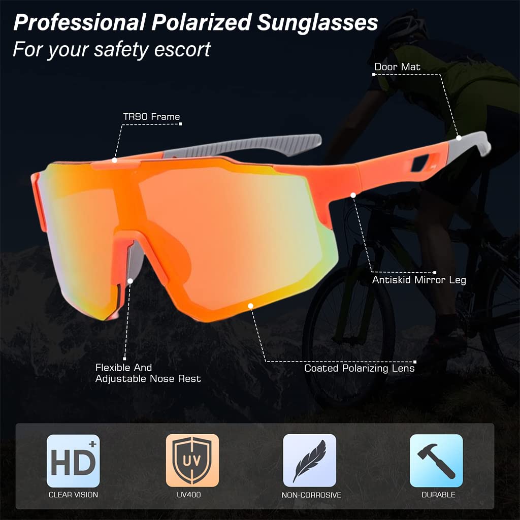 GUSTAVE® UV400 Cricket Sunglasses for Men Cycing Sunglasses Professional Polarized Outdoor Sunglasses for Riding, Cycing, Anti-slip Sunglasses for Outdoor Sports(Orange)