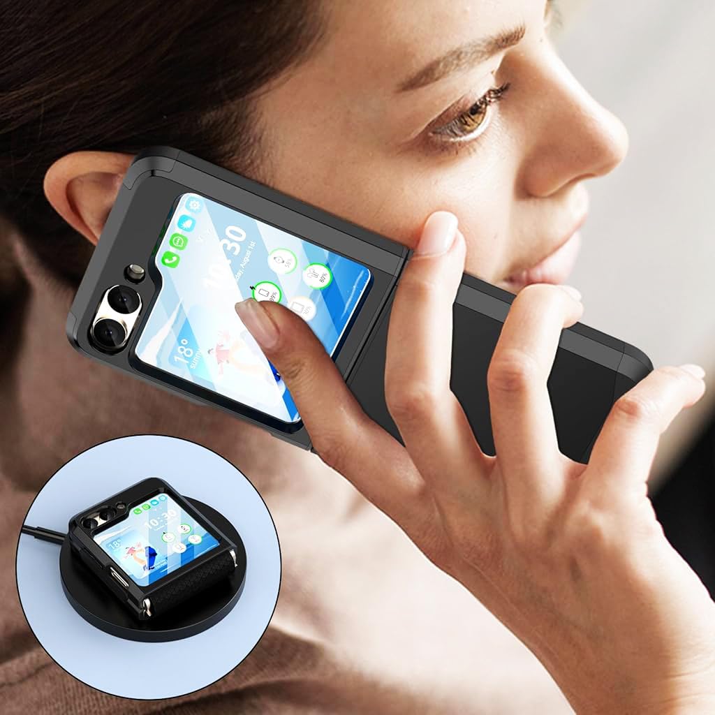 Zeitel Phone Case for Samsung Galaxy Z Flip 6 with 3.4 in Screen Cover and One Piece Hinge | Black TPU Protection