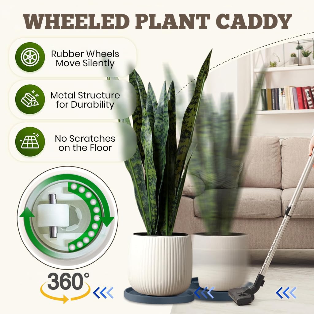 HASTHIP Plant Pot Stand for Indoor & Outdoor Use with 360° Wheels and Spiral Ridged Tray | 37 cm Grey PP Caddy