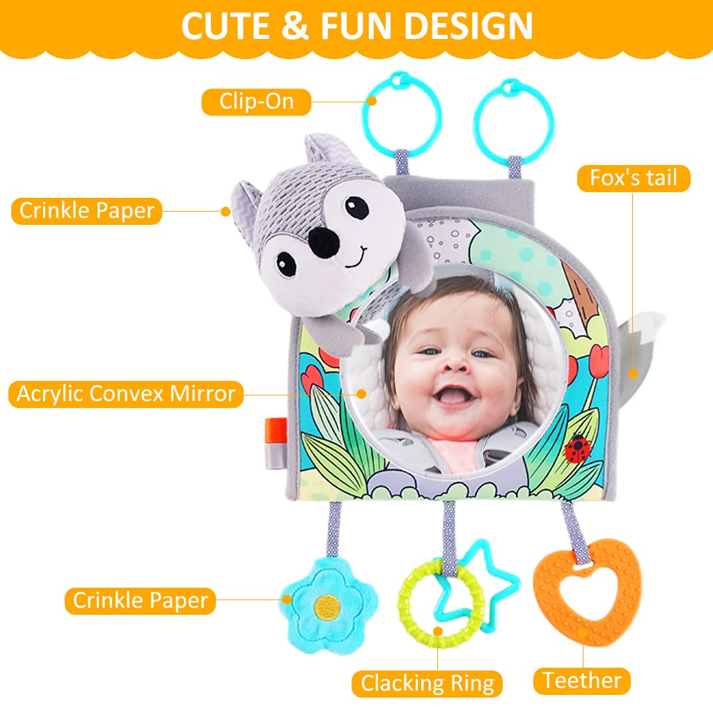 PATPAT® Car Seat Toys for Babies, Baby Hanging Mirror Toy, Multifunction Floor Mirror Toy, Newborn Fox Hanging Pram/Carseat/Crib Sensory Travel Activity Toys for Baby 0-12 Months (Grey)