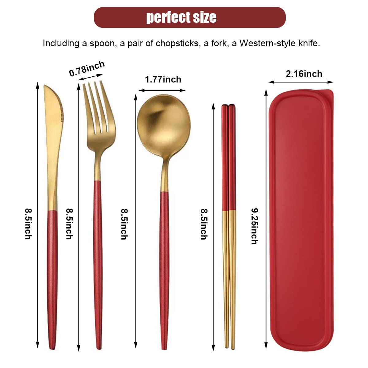 Supvox 410 Stainless Steel Knife Fork Spoon Chopstick Set, Portable Travel Utensil Flatware Sets with Case, 4Pcs Spoon Fork Knife Chopstick for Picnic Camping Travel & Outdoor Lunch (Red Gold)