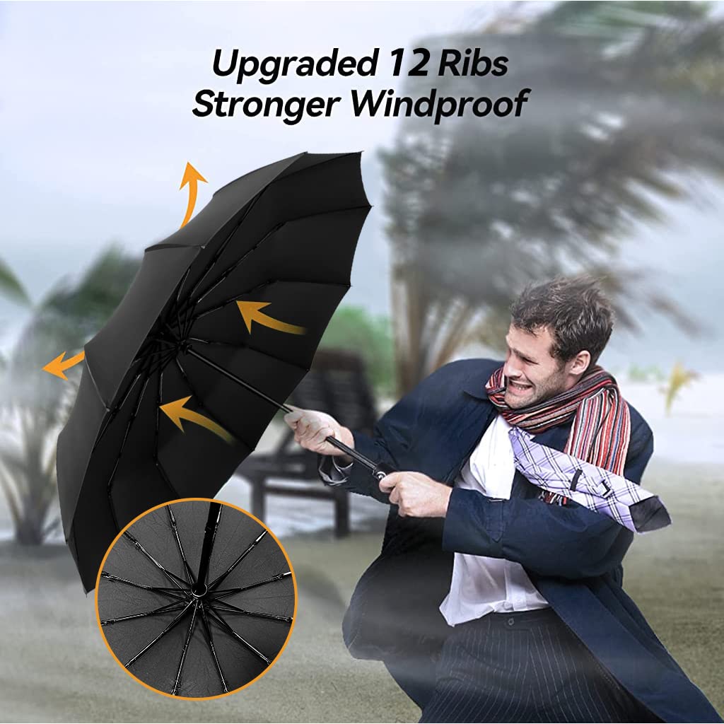 PALAY® Large Windproof Umbrella, Wind Resistant Compact Travel Folding Umbrellas, Ladies Auto Open Close with 12 Reinforced Fiberglass Ribs for Men, Women, Girls (Black)