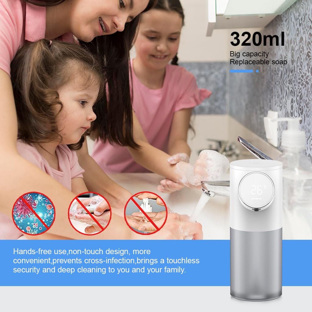 HANNEA® Soap Dispenser for Bathroom, Automatic Foaming Handwash Dispenser, 320ml 1500mAh Rechargeable Touchless Waterproof Shampoo Hand Foam Wash Dispenser with 6 Adjustable Bubble Levels(White)