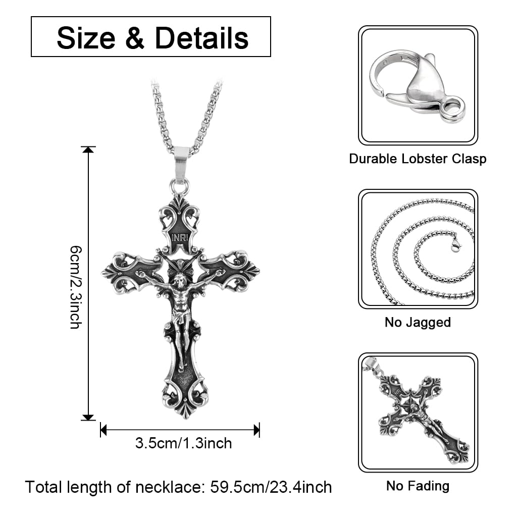 GUSTAVE Gothic Cross Necklace featuring 3D Embossed Pendant and 18–22 in Stainless Steel Chain