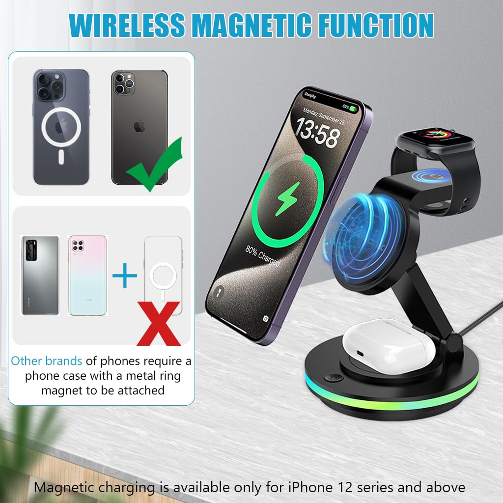 Zitronix Magnetic Wireless Charger for iPhone with 180° Rotating Base | 3 in 1 Dock for iPhone iWatch and AirPods