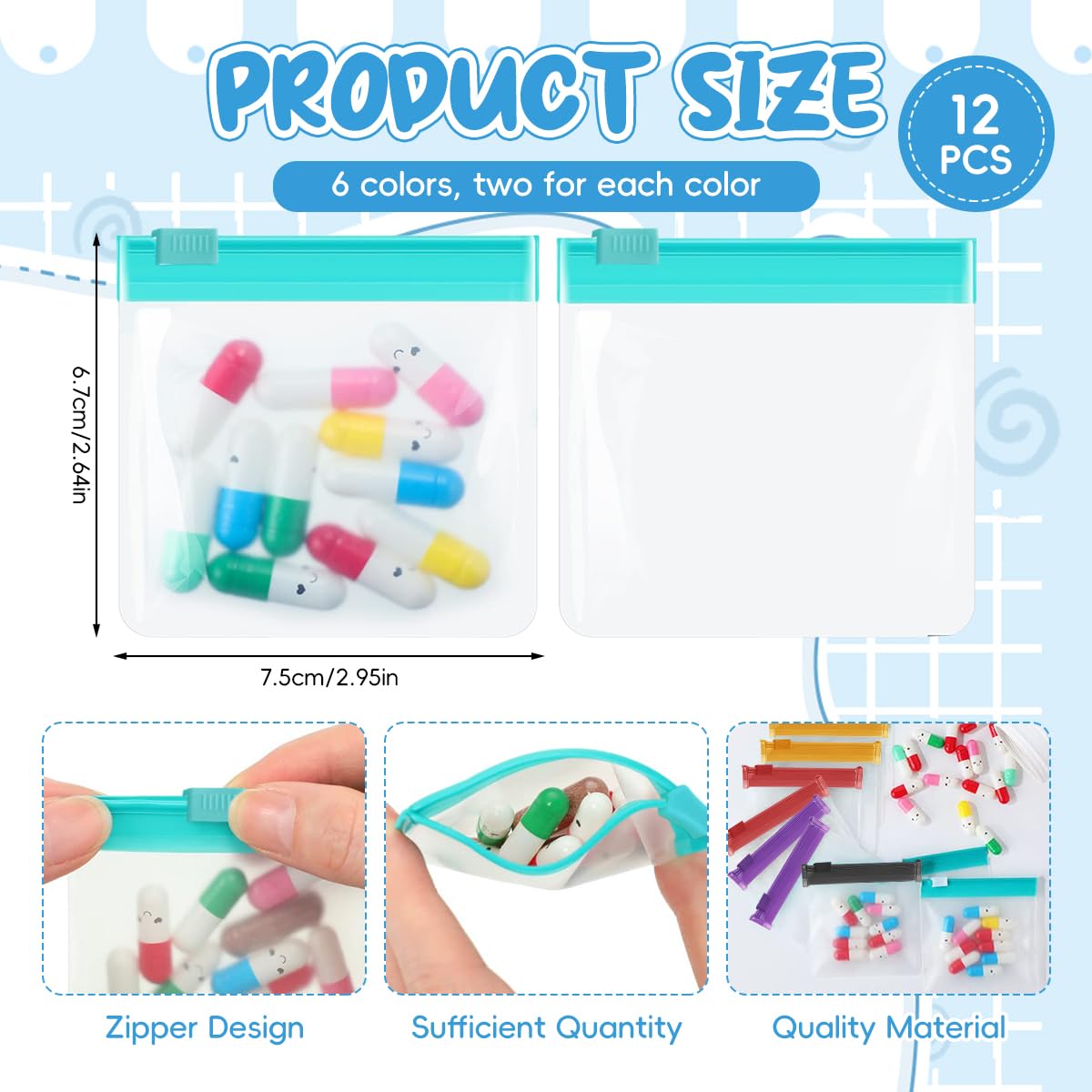 ZIBUYU Medicine Pouch for Travel 12 Pcs with Zip Lock Seal 7.6x7cm EVA Transparent Bags | Reusable Storage for Pills and Tablets