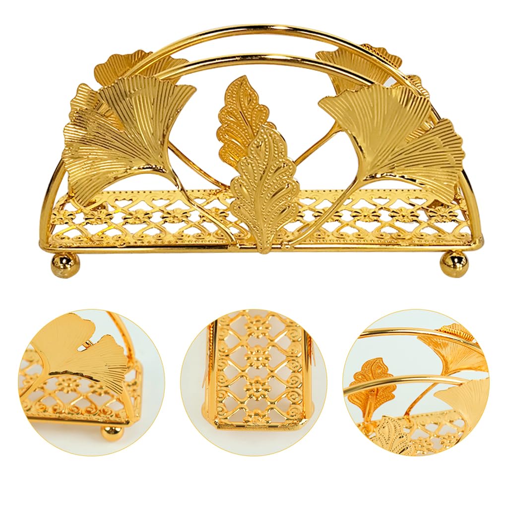 HASTHIP Napkin Holder for Dining Table with Elevated Base Design 13x3x6.5cm | Golden Ginkgo Leaf Metal Ornament