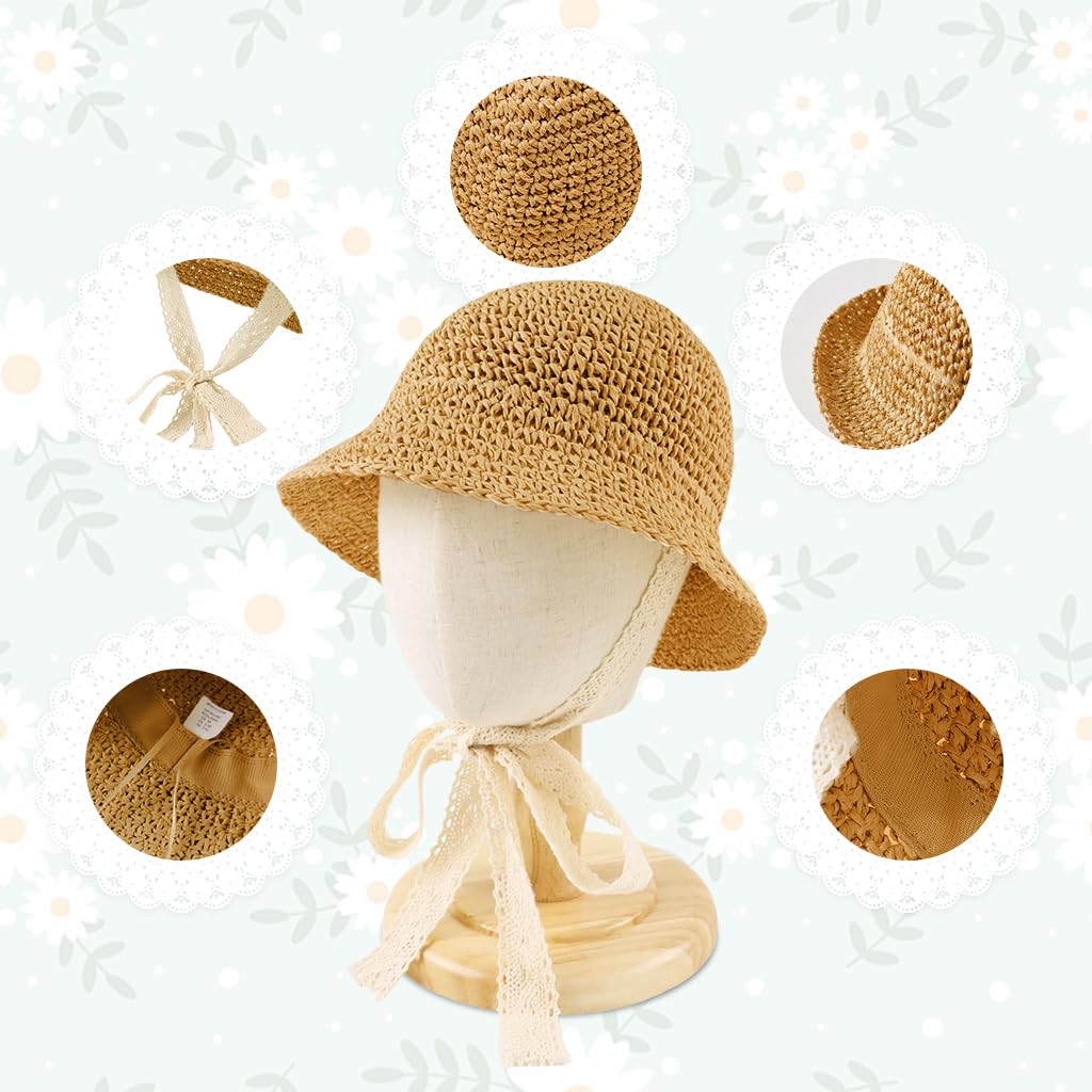 SNOWIE SOFT Baby Straw Hat for Summer with UPF 50+ and Lace Chin Strap | Round Bronze