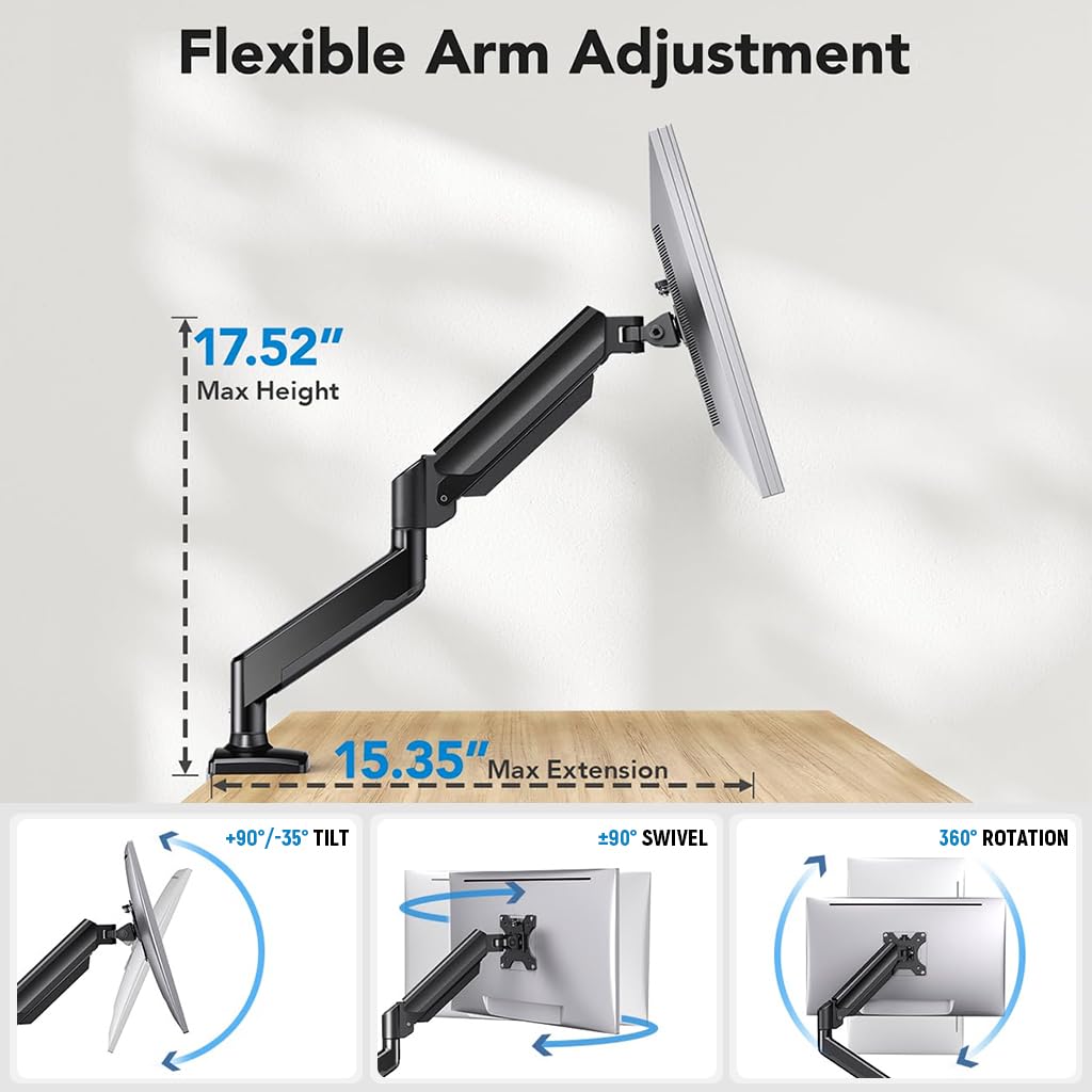 Verilux® Desk Monitor Mount  Aluminum Alloy Monitor Arm Desk Mount with Flexible Arm 360° Rotatable Monitor Screen Mount Screw-Mount Single Monitor Mount for 1332 Screens up to 22 lbs