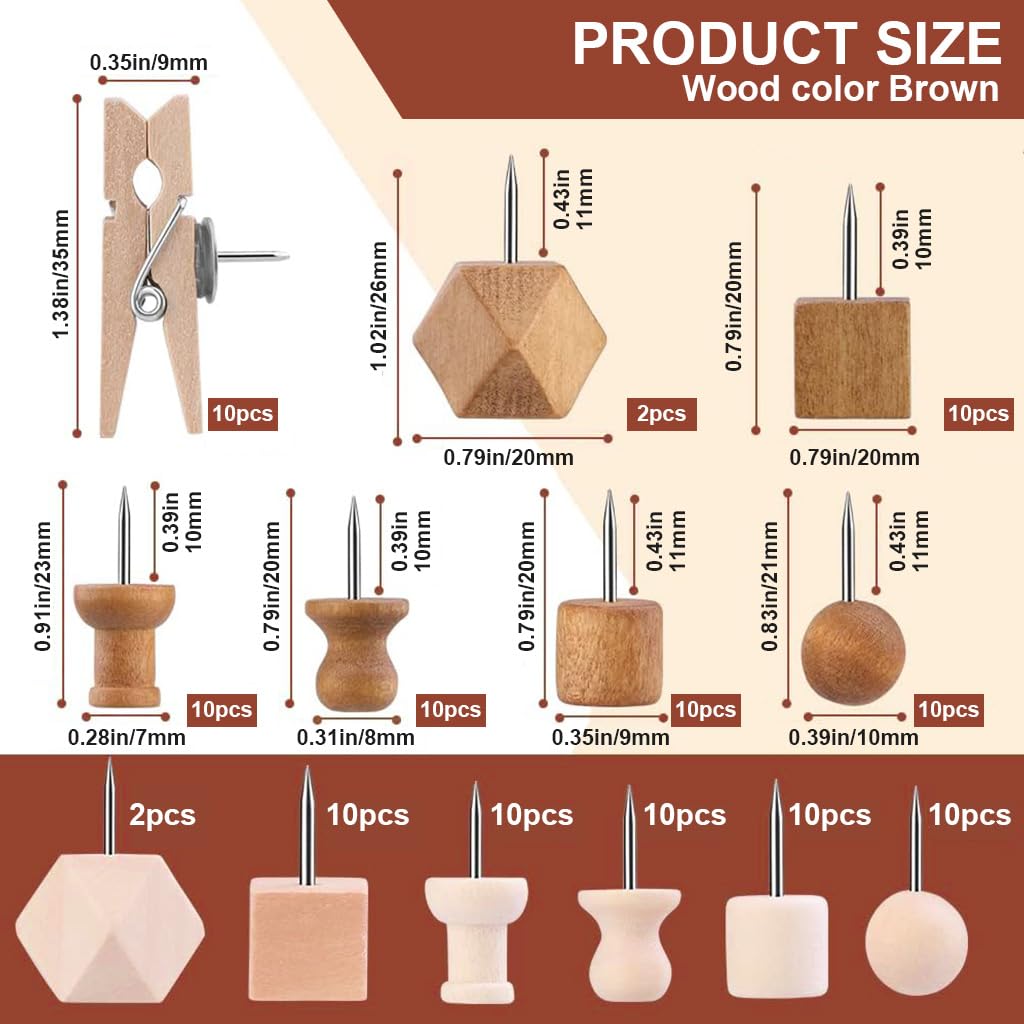 Climberty Wood Push Pins for Bulletin and Cork Boards with 114PCS Set | Natural Wood and Steel