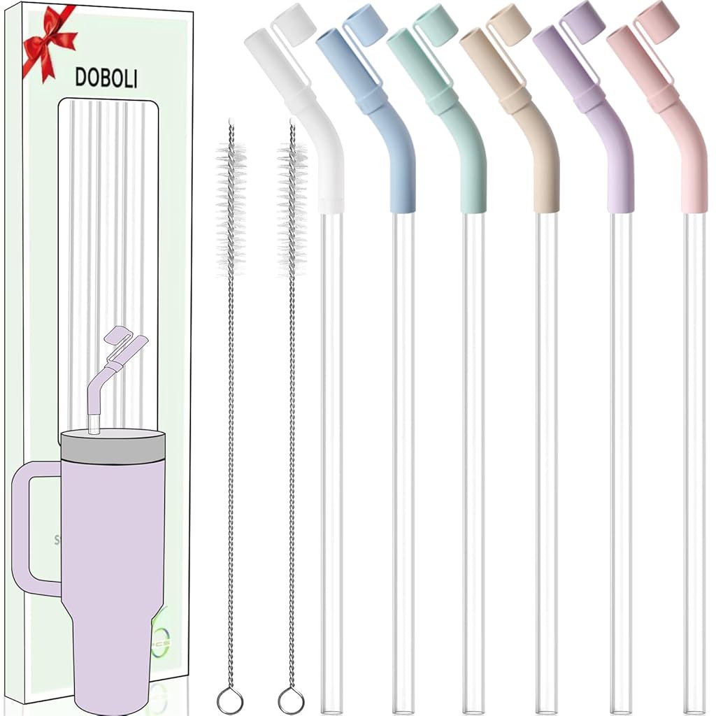 HASTHIP® 6Pcs Straw Extender Straw Caps Silicone Drinking Straw Extender with Dustproof Cap, 6Pcs Transparent Bent Drinking Straws, 2 Straw Cleaning Brushes Universal Straw Extender  for 8-10mm Straws