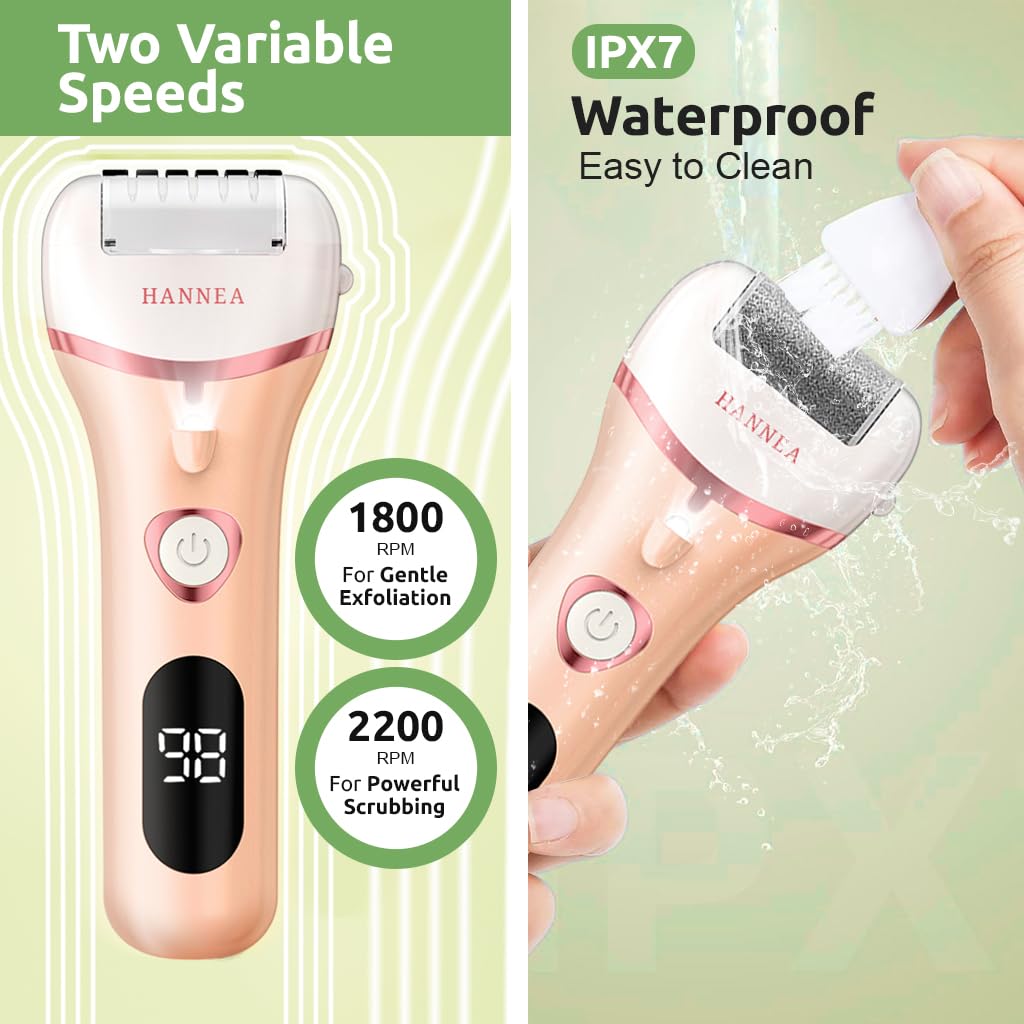 HANNEA Electric Callus Remover for Feet with 3 Rollers and LED Light | 2 Speed Rechargeable Foot Scrubber