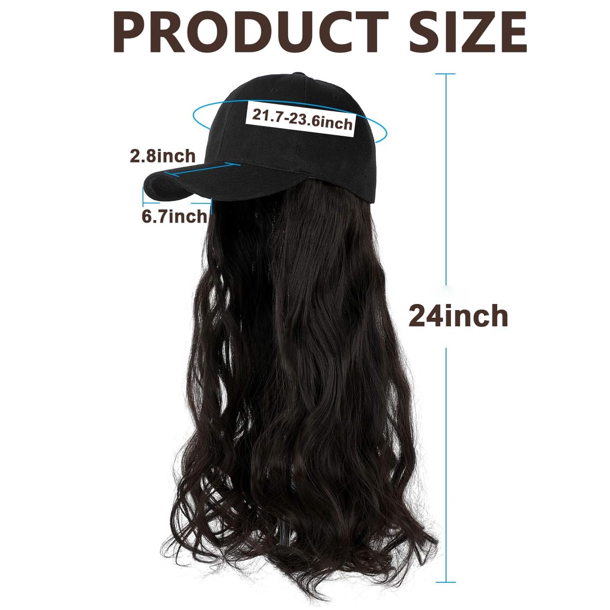 MAYCREATE® Baseball Cap with Hair Extensions for Women, Adjustable Wavy Hair Wig Cap for Girls, Black K-pop Style Hat with 24in Long Synthetic Wig Attached