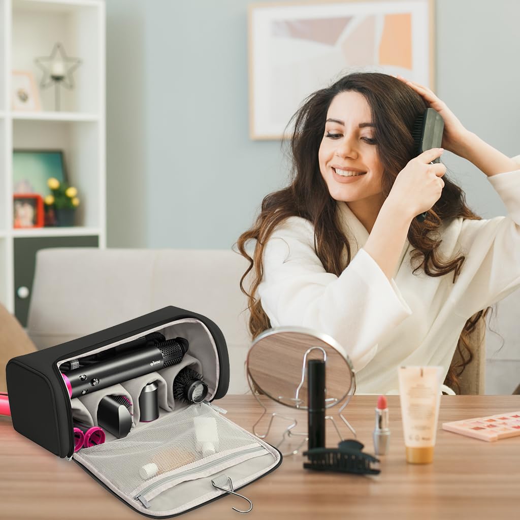 MAYCREATE Travel Storage Bag for Dyson Airwrap featuring 5 Compartments and Hanging Hook | PU Waterproof Organizer for Hair Styling Tools